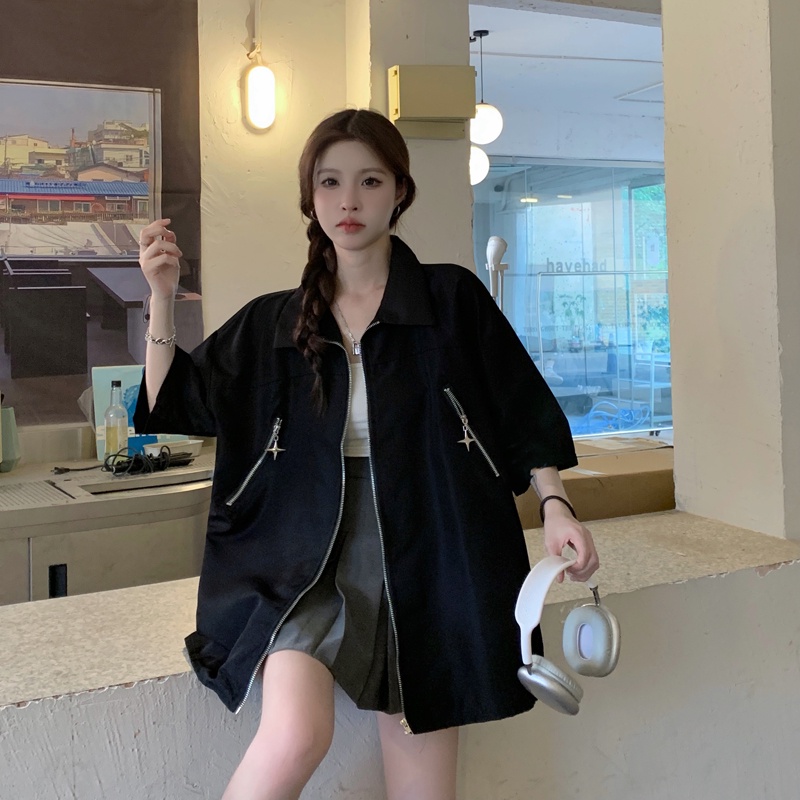 Áo Sơ Mi Tay Ngắn Phối Khóa Kéo Phong Cách Hàn Quốc Cho Nữ