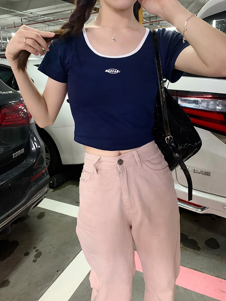 Áo Thun Dáng Ngắn In Chữ Nhỏ Phối Màu Sắc Tương Phản Thời Trang 62584