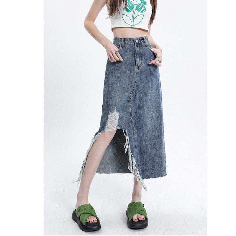 Chân Váy Denim Lưng Cao RENJIANVSHENG Thiết Kế Xẻ Rách Cá Tính