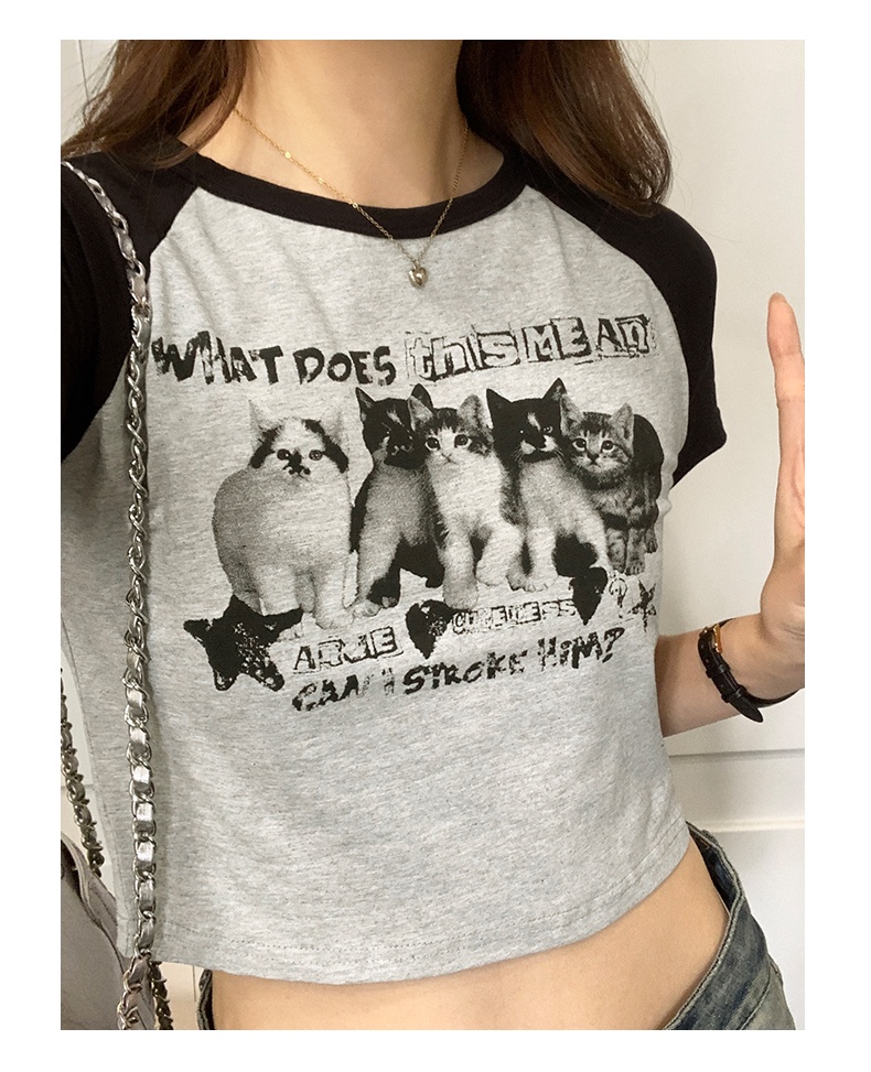 Áo Thun Tay Lửng In Họa Tiết Màu Sắc Tương Phản Phong Cách Retro Mỹ Thời Trang Mùa Hè 646