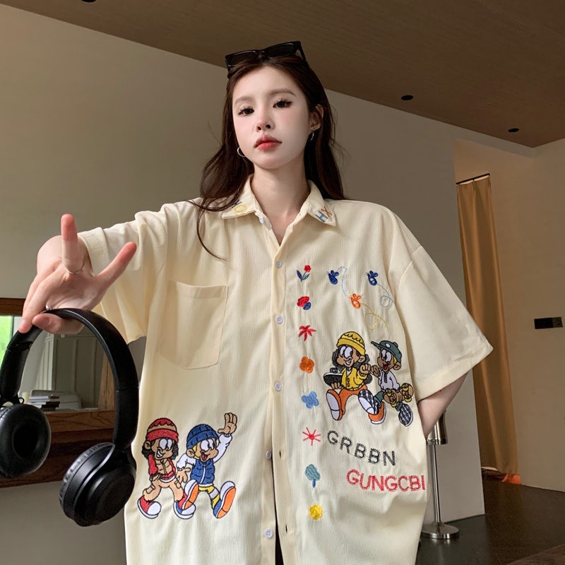 Áo Sơ Mi Tay Ngắn Oversize Thêu Họa Tiết Hoạt Hình Phong Cách Hàn Quốc Cho Nữ