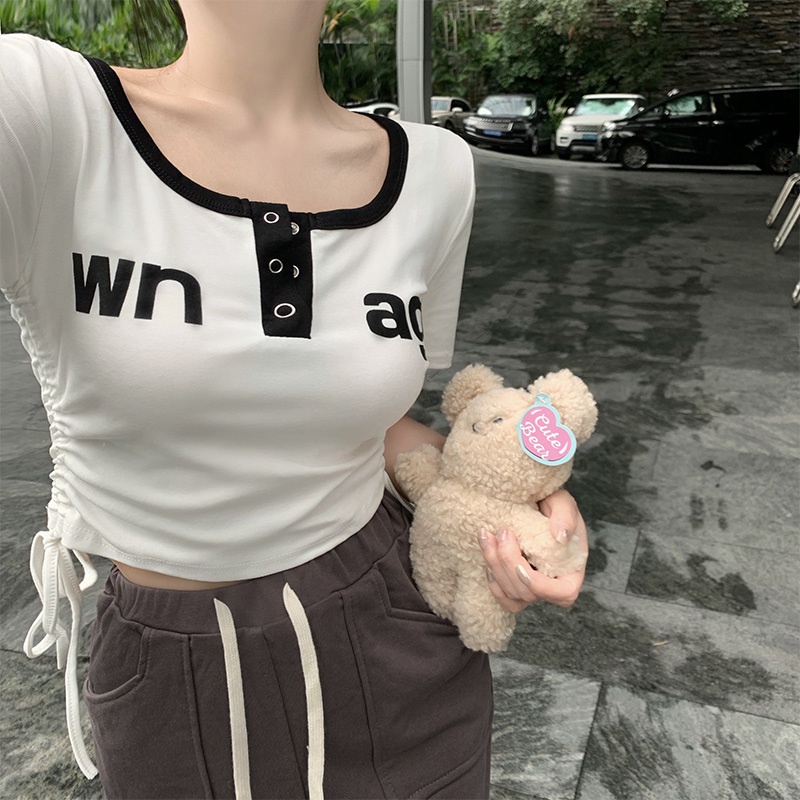 Áo Thun Tay Ngắn Phối Dây Rút Và Thẻ Thiết Kế Độc Đáo Thời Trang Cá Tính Cho Nữ