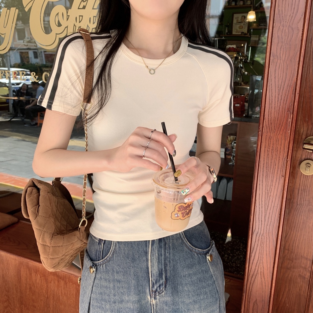 Áo Thun Tay Ngắn Dáng Ôm Màu Sắc Tương Phản Thời Trang Xuân Hè Phong Cách Hàn Quốc 63664