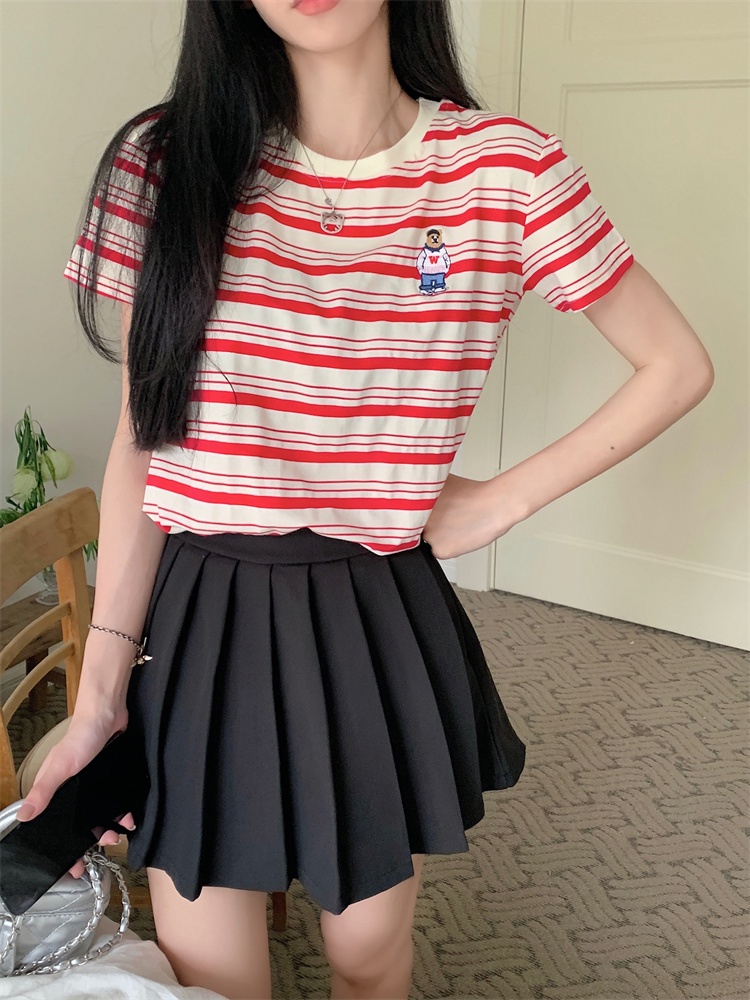 Áo Thun Tay Ngắn Sọc Ngang Thêu Hình Gấu Plus Size 64374