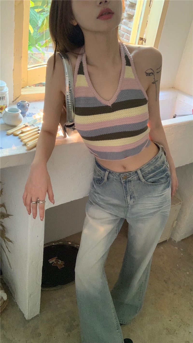 Áo Hai Dây Dệt Kim Hở Lưng Họa Tiết Kẻ Sọc Thời Trang Mùa Hè 64454
