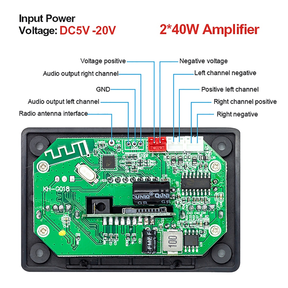 Bảng Mạch Khuếch Đại Âm Thanh MP3 Bluetooth Không Dây DC 5V-20V 2x40W Sạc Xe Hơi