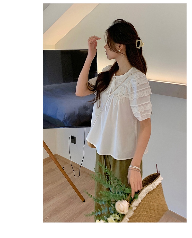 64318 Phong Cách Mới Áo Ngắn Tay Phối Ren