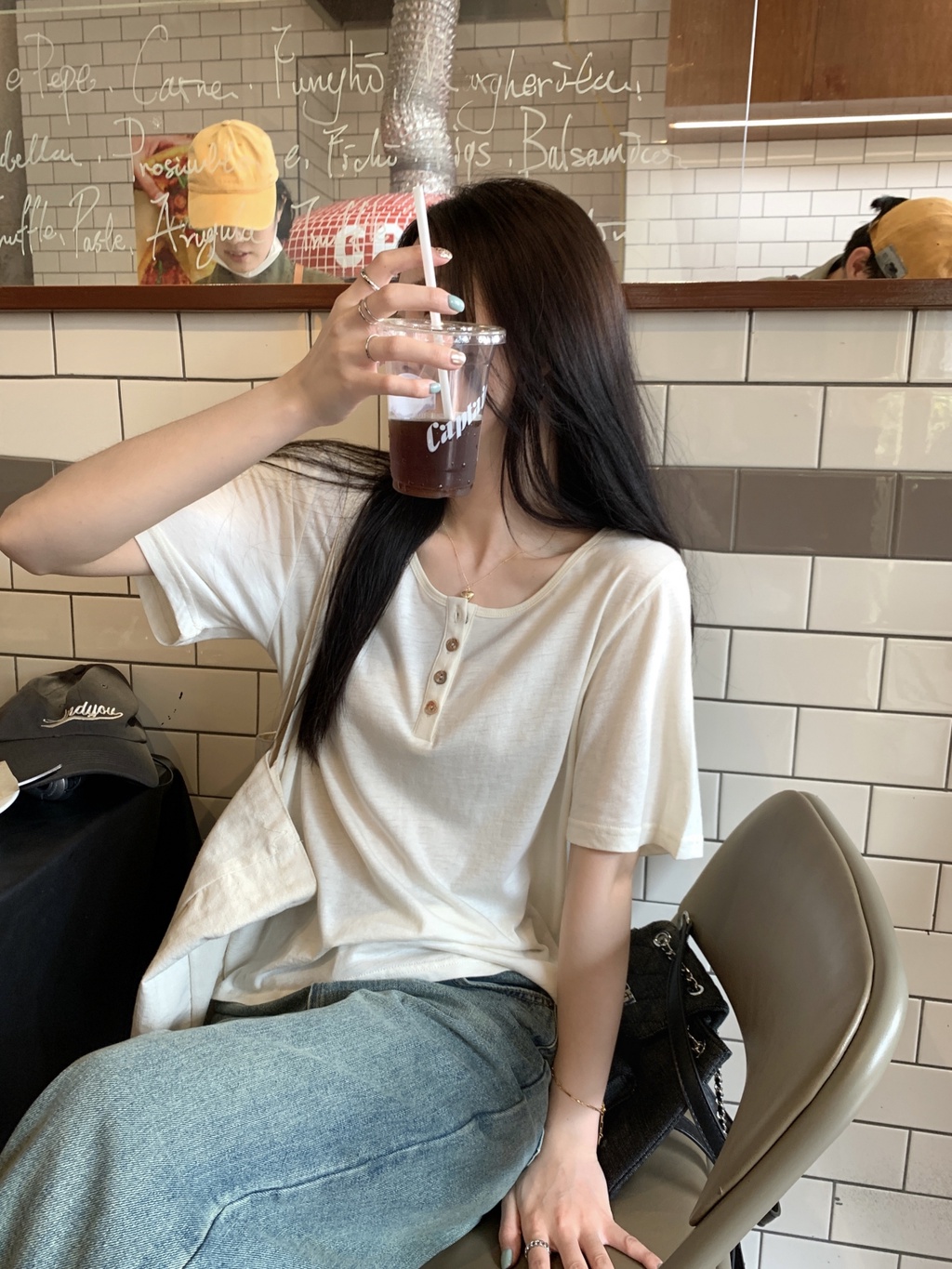 Áo Thun Trơn Dáng Rộng Ngắn Tay Phối Nút Phong Cách Hàn Quốc Thời Trang Mùa Hè 65194