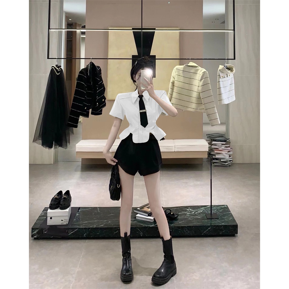 Set váy áo Nữ Mới Nhất Tinh Khiết  Áo Sơ Mi  mix chân váy ngắn cavat nữ sinh thành lịch