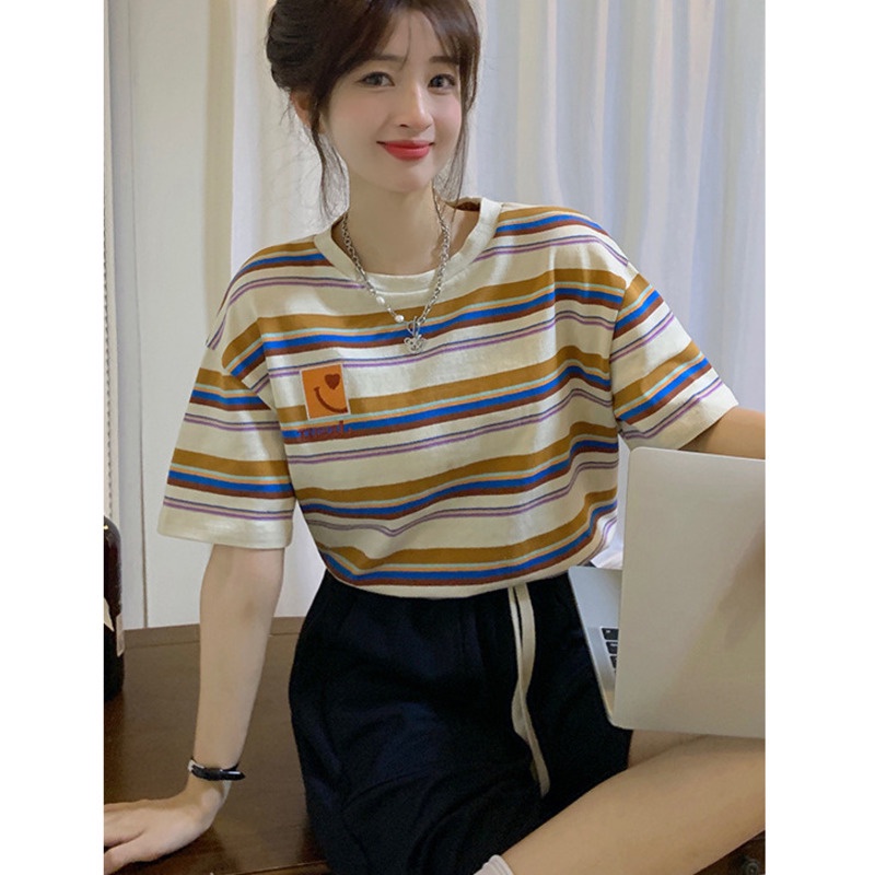 Áo Thun Tay Ngắn Họa Tiết Kẻ Sọc Màu Sắc Tương Phản Phong Cách Hàn Quốc