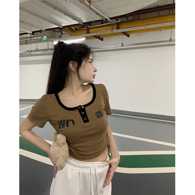 Áo Thun Tay Ngắn Phối Dây Rút Và Thẻ Thiết Kế Độc Đáo Thời Trang Cá Tính Cho Nữ