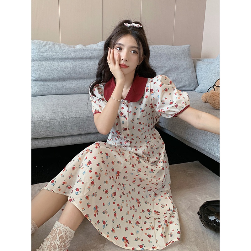 Mới Đầm MIDI Cột Dây Eo Họa Tiết Hoa Nhỏ Màu Tương Phản Xinh Xắn Thời Trang Cho Nữ