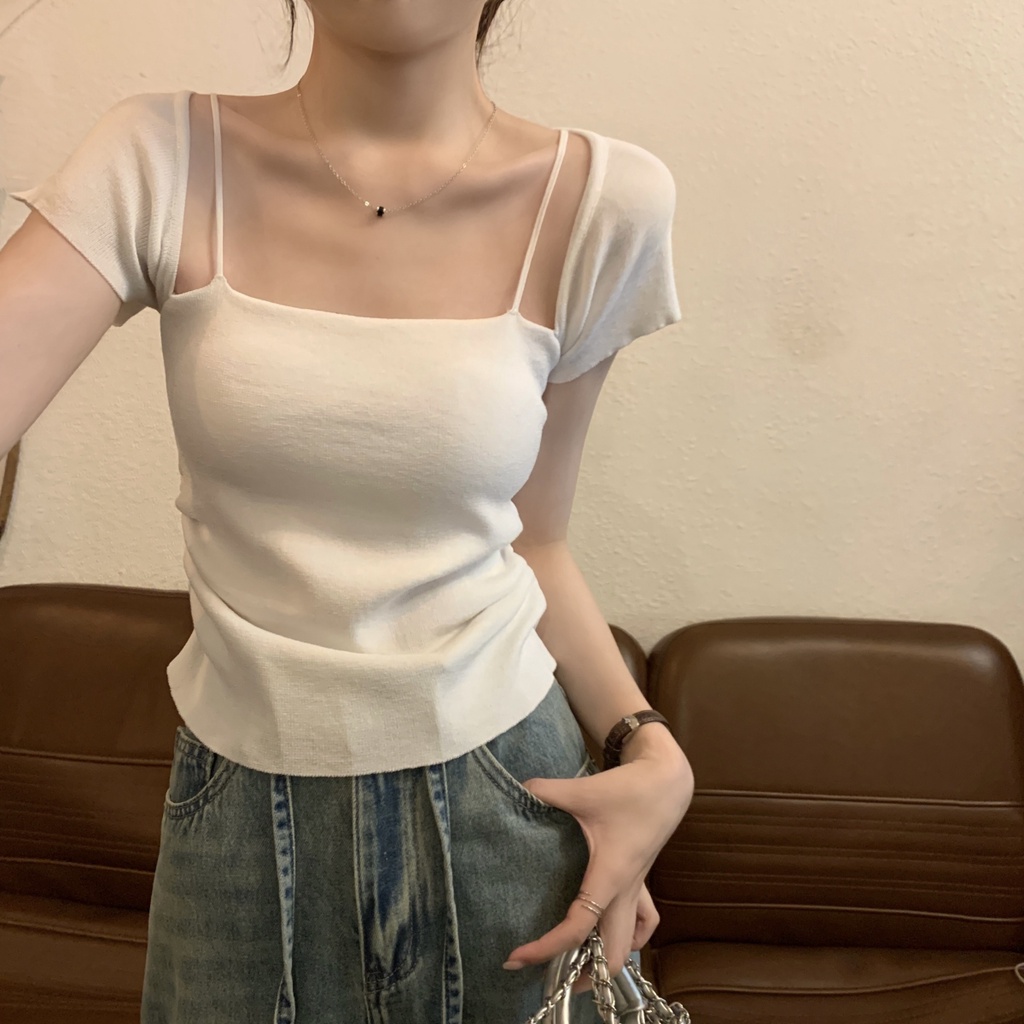 Áo Sweater Dệt Kim Cổ Vuông Xếp Ly Dáng Ôm Tay Ngắn Kiểu Hàn Quốc Thời Trang Xuân Hè 63264