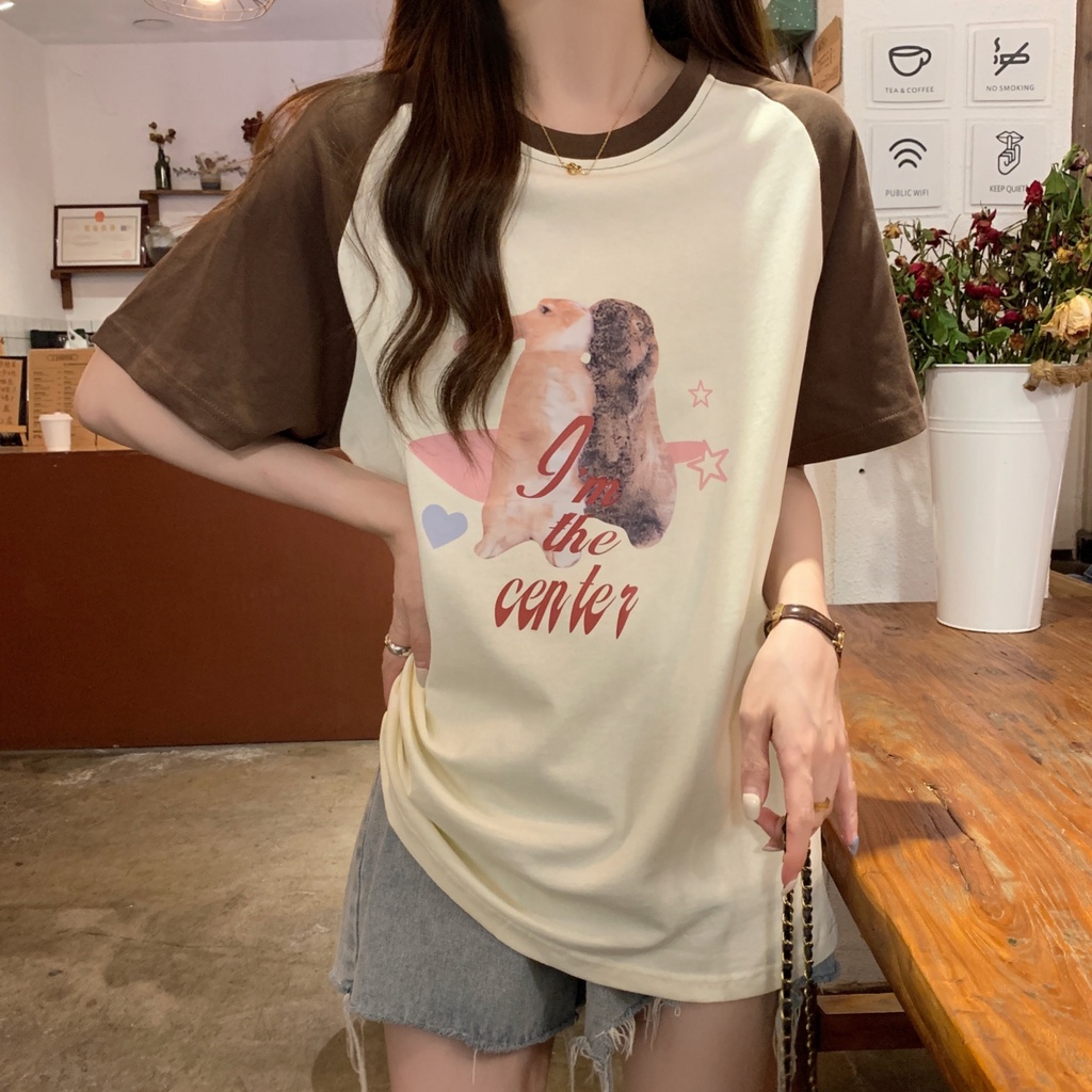 Áo Thun T-Shirt Cotton Tinh Khiết Cổ Tròn Tay Ngắn In Hình Vui Nhộn Phong Cách Hàn Quốc Mùa Hè 64477