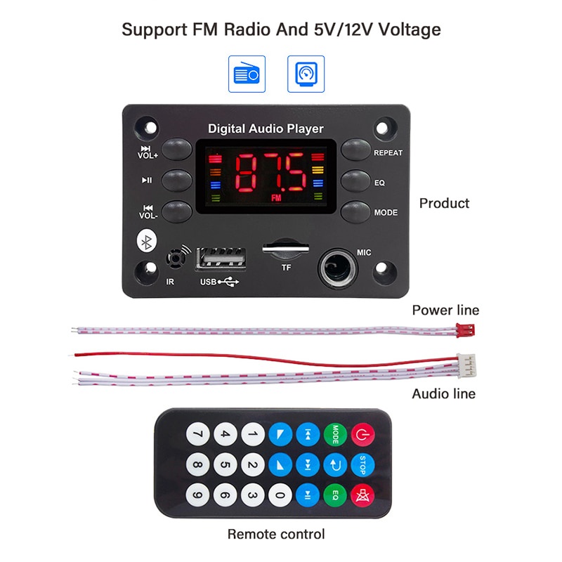 Bảng Mạch Giải Mã Âm Thanh DC 5V 12V Bluetooth 5.0 Mp3 WMA WAV APE USB TF FM Radio Mp3 Chuyên Dụng Cho Xe Hơi