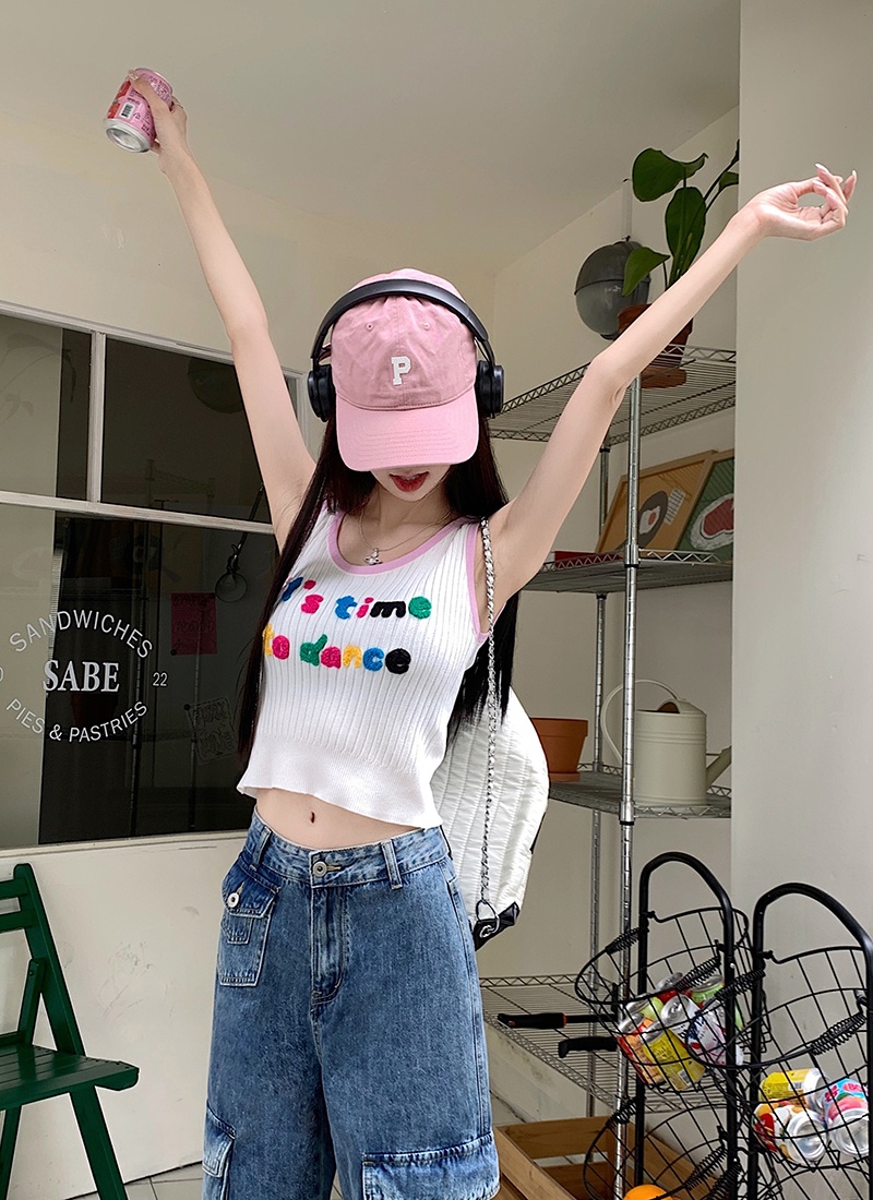 Áo Hai Dây Dệt Kim Ngắn / Quần Jean Ống Rộng Phong Cách Mới Mùa Hè 65886