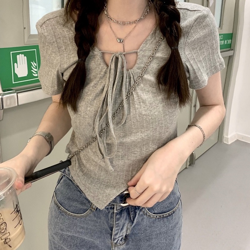 Áo Thun Ngắn Hở Vai Một Bên Vai Buộc Dây Thời Trang Mùa Hè Cho Nữ