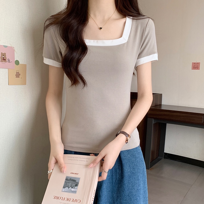 Áo Thun Cổ Vuông Ngắn Tay Dáng Ôm Phối Màu Sắc Tương Phản Thời Trang Mùa Hè 63916