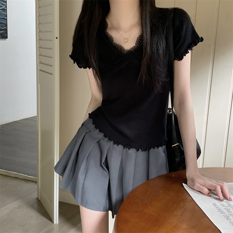 Áo Thun Nữ Cổ Chữ v Viền Ren Phong Cách Mới Mùa Hè 64030