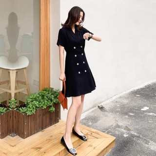 Hepburn phong cách nhỏ váy đen nữ   mùa hè mới phong cách Pháp đôi khuy hiển thị gầy váy ngắn tay áo vest váy