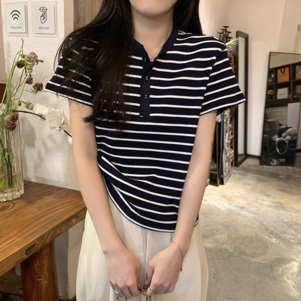 Áo Thun Kẻ Sọc Dáng Rộng Ngắn Tay Phối Nút Phong Cách Hàn Quốc Thời Trang Mùa Hè 64641