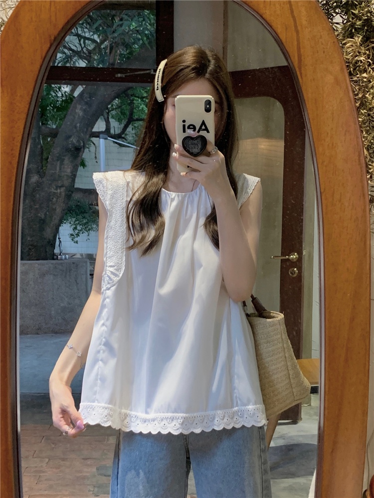 Áo Sát Nách Cổ Tròn Màu Trơn Phối Ren Lỗ Thời Trang Mùa Hè Phong Cách Pháp Hàng Mới 65060