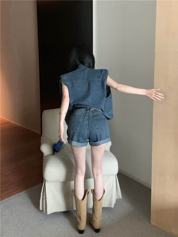 Set Áo Denim Không Tay + Quần Short Thiết Kế Mới Năng Động Thời Trang