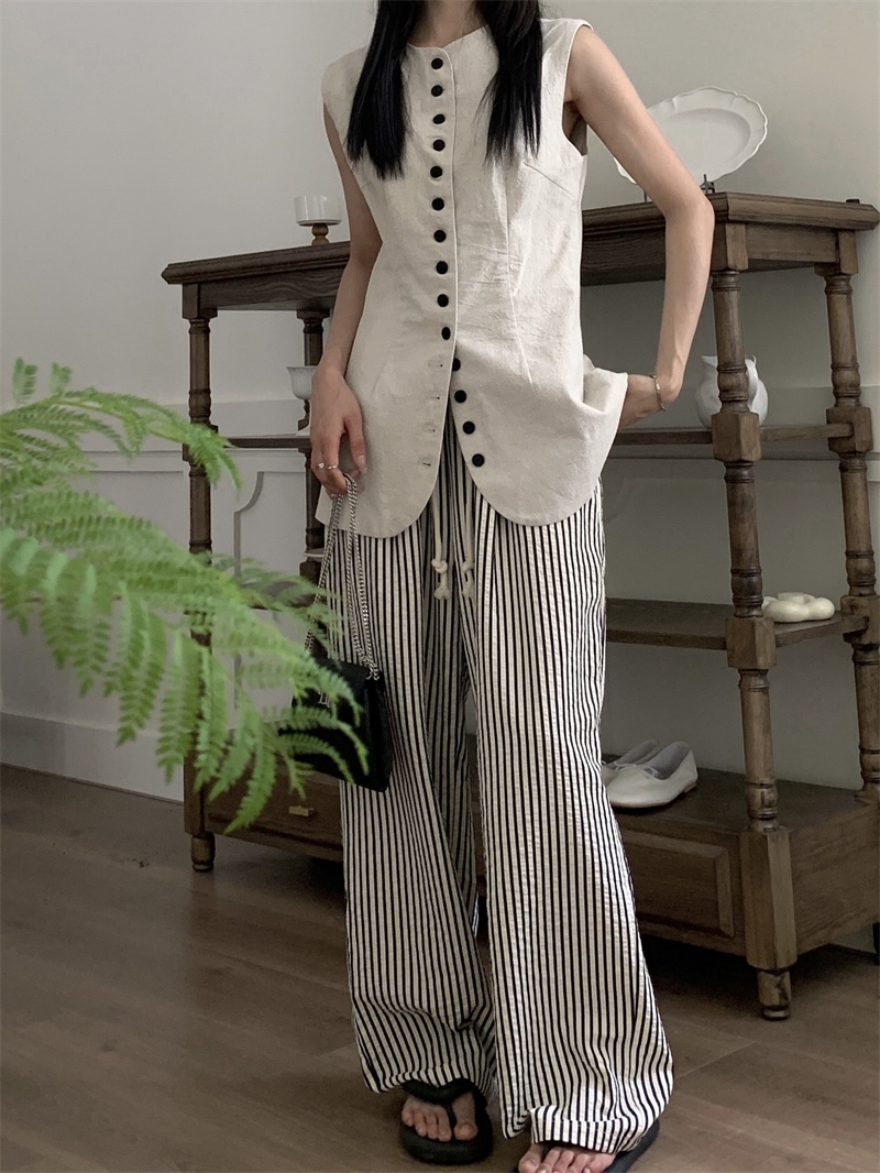 66335 Áo Vest / Quần Ống Rộng Họa Tiết Kẻ Sọc