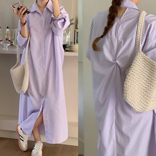 Đầm Sơ Mi Kẻ Sọc Dài Tay Dáng Rộng Hở Lưng Thời Trang Cá Tính 66374