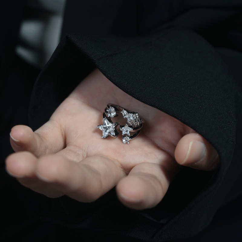 Nhẫn Hở Đính Đá zircon Hình Ngôi Sao Phong Cách hip hop Đường Phố Cá Tính Cho Nam Và Nữ