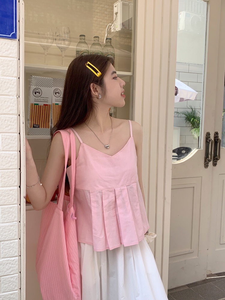 63746 Mùa Hè Phong Cách Mới Áo Hai Dây Xếp Ly