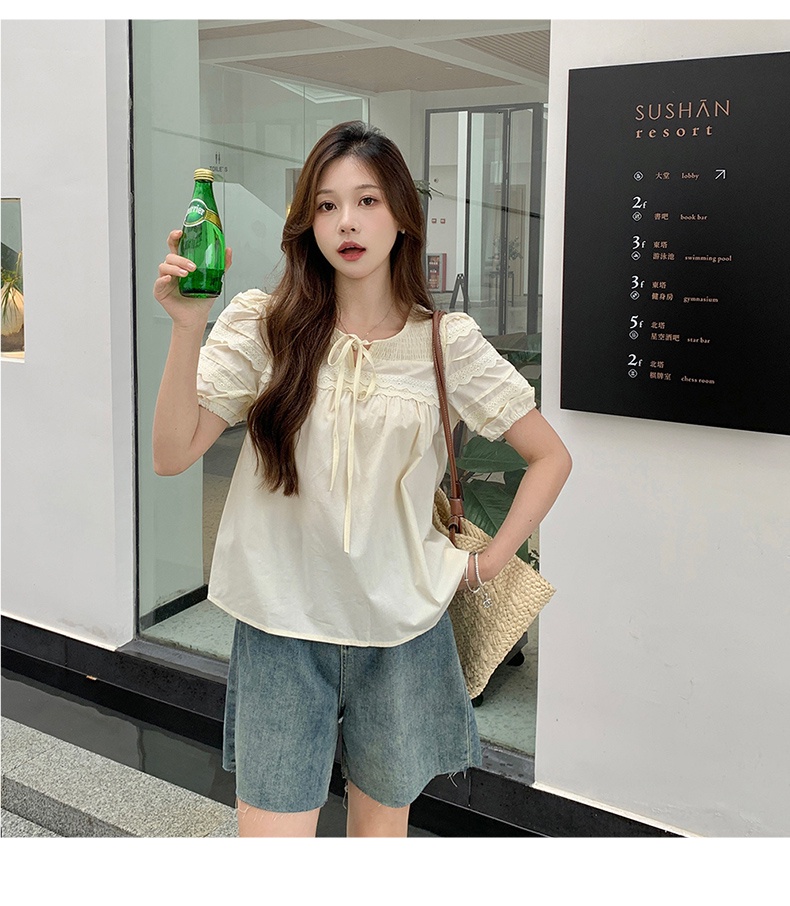 64318 Phong Cách Mới Áo Ngắn Tay Phối Ren