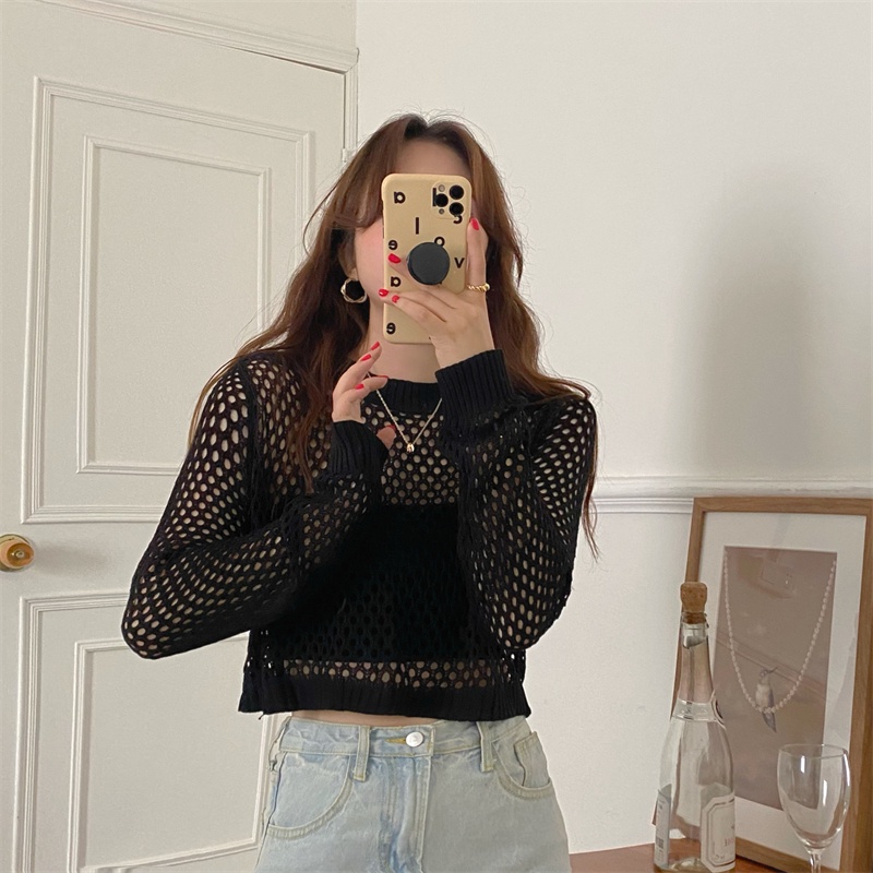 LENBACH áo len dệt kim tay dài crop top