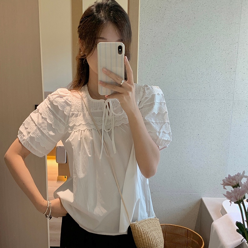 64318 Phong Cách Mới Áo Ngắn Tay Phối Ren