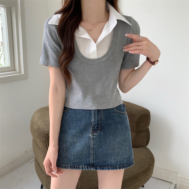 Áo polo Ngắn Tay Giả Hai Lớp Phong Cách Hàn Quốc Dành Cho Nữ
