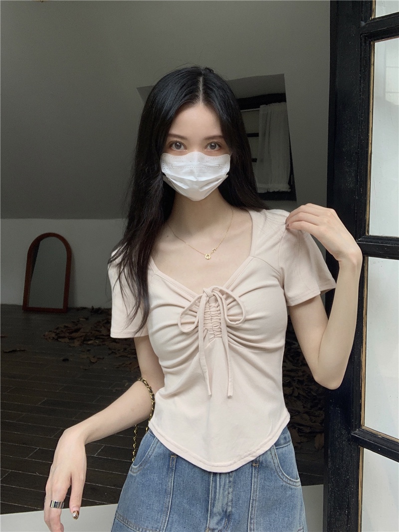 Áo Thun Mùa Hè Cổ Vuông Tay Cột Dây Phong Cách Mới 65073