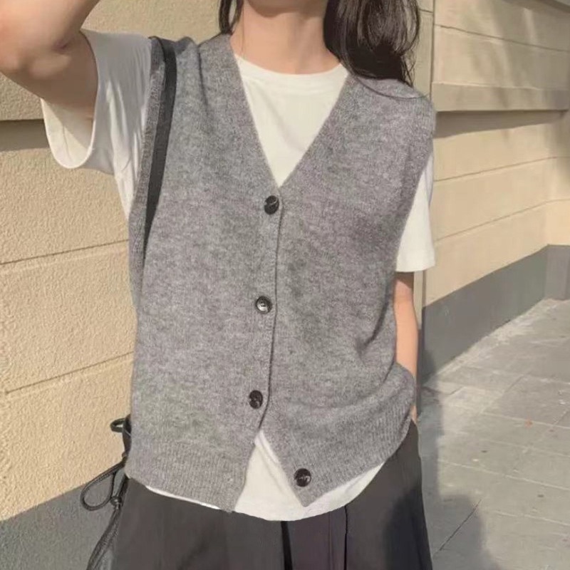 Áo sweater RENJIANVSHENG dệt kim không tay dáng rộng cổ chữ V kiểu Hàn Quốc cổ điển