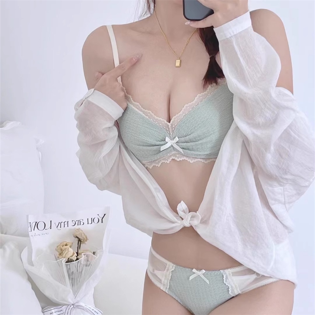 Set sexy nơ phụ nữ áo ngực ren + quần lót liền mạch thoải mái cúp mỏng cô gái thanh niên đồ lót không dây đẩy lên bralette đồ lót nữ
