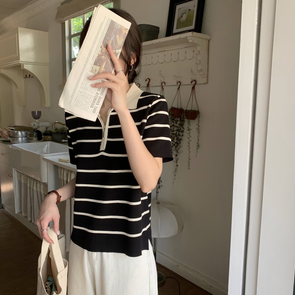 Áo polo Dệt Kim Kẻ Sọc Dáng Rộng Ngắn Tay Phối Khóa Kéo Thời Trang Mùa Xuân Hàn Quốc 62208