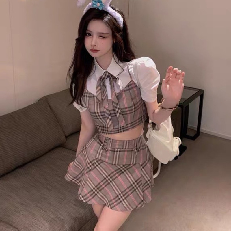 Set 2 Món áo sơ mi nối tay phồng ngọt ngào của hot girl + váy jk tinh khiết Phong Cách Nữ Tính Cho Bạn Gái