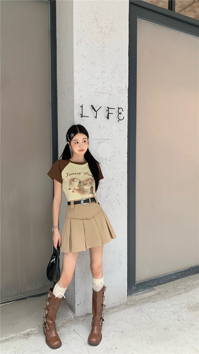 Áo Thun / Váy In Hình Mèo Phong Cách Mới 64930 Kèm Thắt Lưng