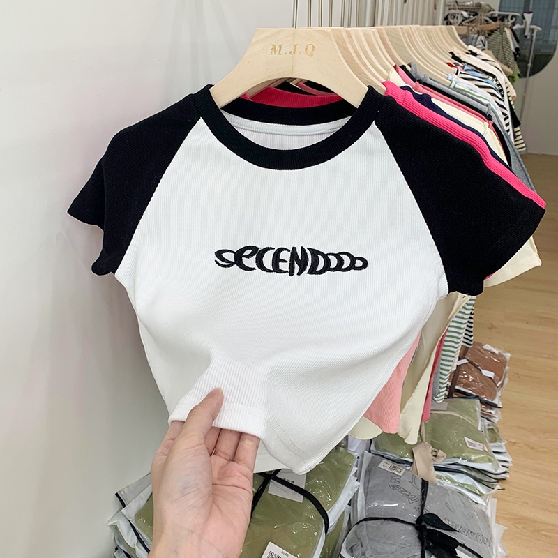 Áo Thun Ngắn Tay Thêu Họa Tiết Màu Sắc Tương Phản Thời Trang Cho Nữ 61884