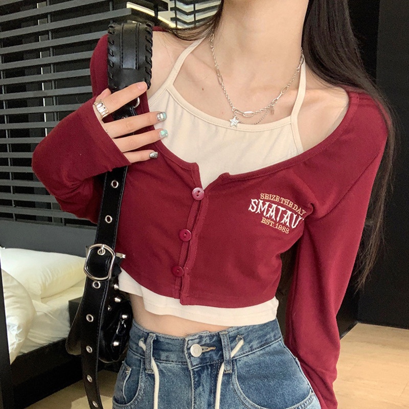 Áo Thun Tay Dài Giả Hai Lớp Dáng Ngắn Ôm Sát Quyến Rũ Cho Nữ