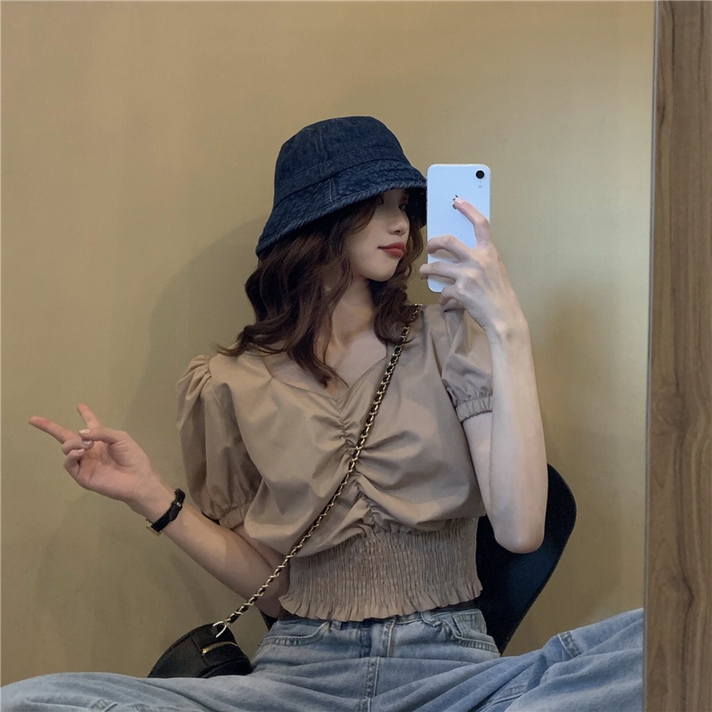 Áo Kiểu Tay Phồng Cổ Chữ V Thời Trang Mùa Hè Phong Cách retro