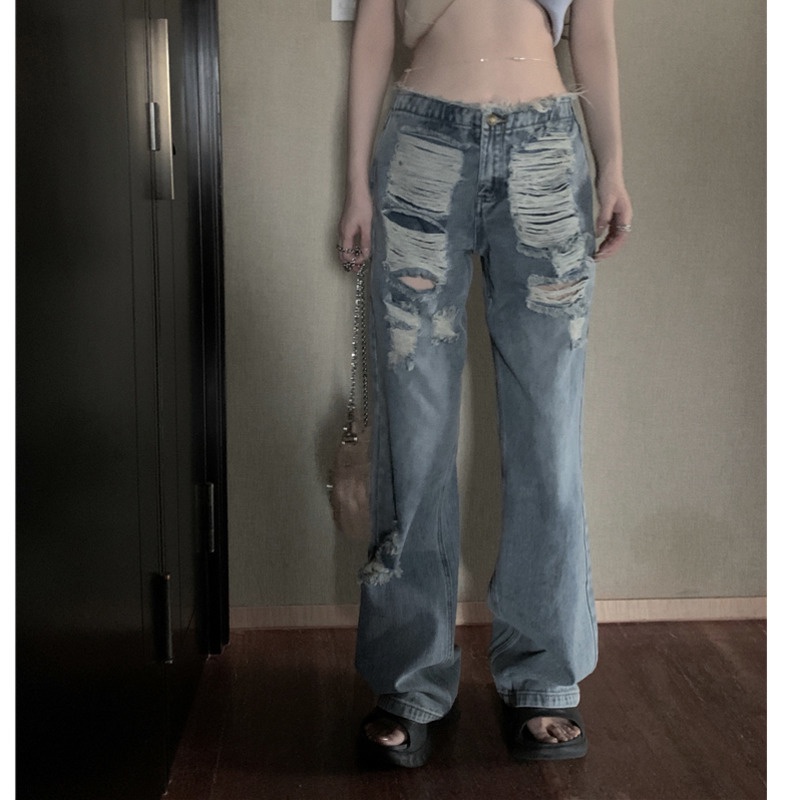 Quần Jean Nữ Lưng Cao RENJIANVSHENG Ống Rộng Rách Gối