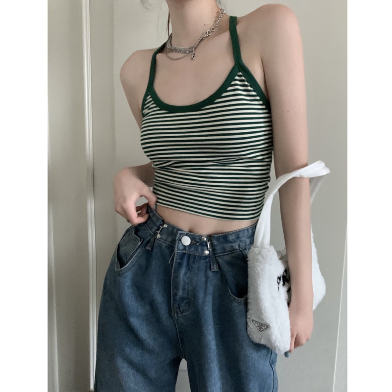 Áo Hai Dây Hở Lưng Họa Tiết RENJIANVSHENG Kẻ Sọc Quyến Rũ