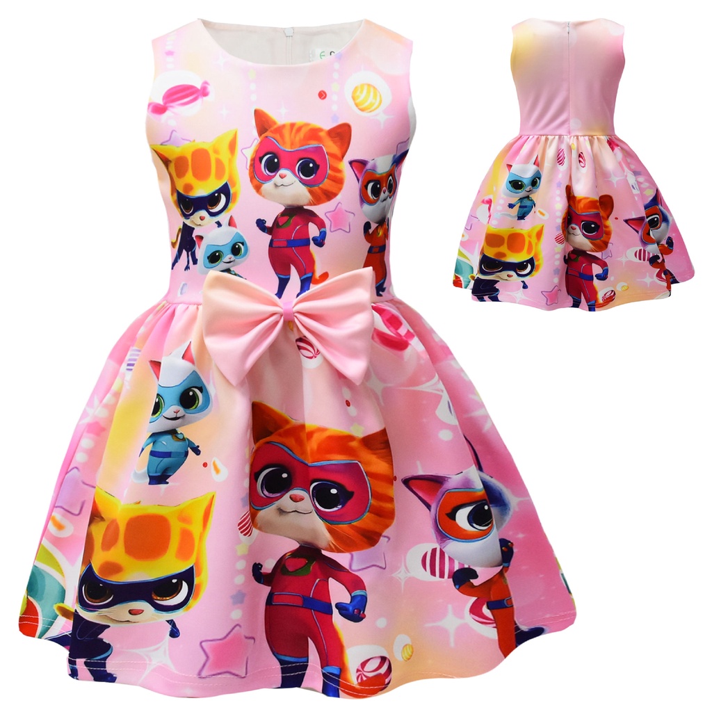 Đầm Công Chúa Dáng Chữ A Vải Cotton Pha In Hoạt Hình SuperKitties Dễ Thương Cho Bé Gái