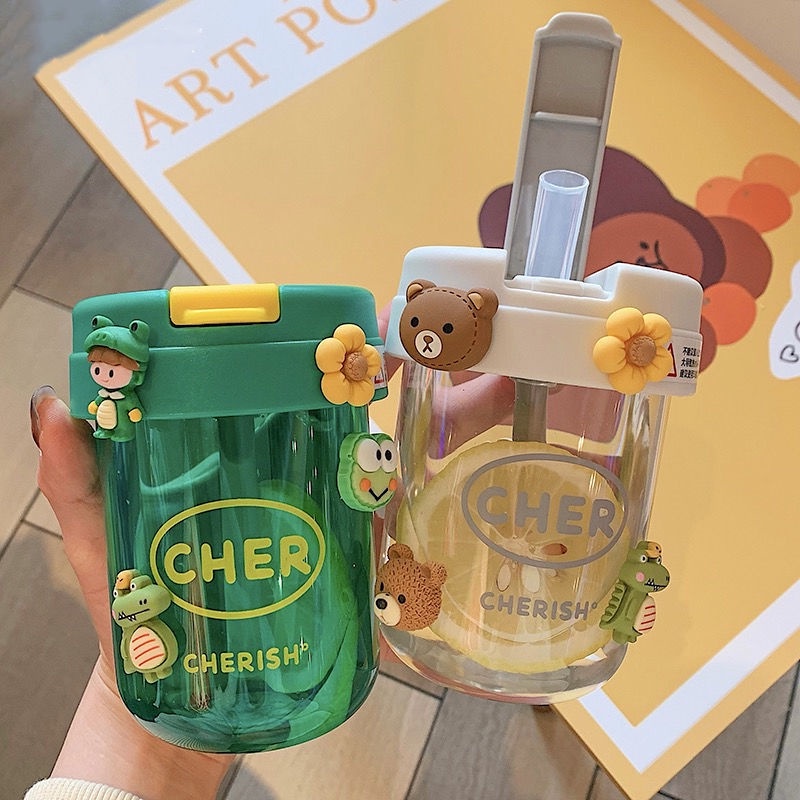 Bình Nước Thể Thao 300ML Nhỏ Gọn Có Ống Hút In Họa Tiết Dễ Thương Thời Trang Cho Bé