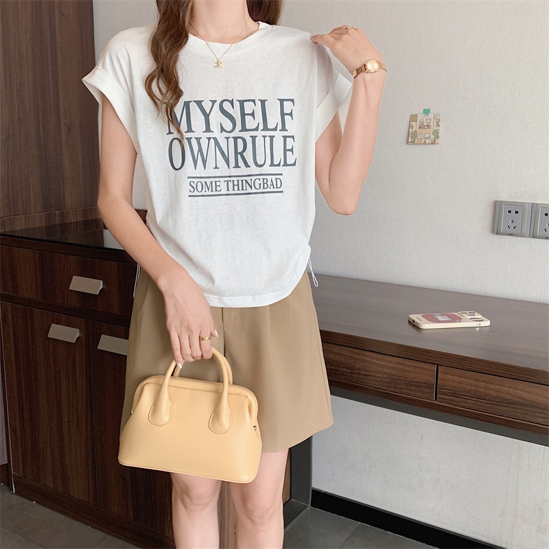 Áo Thun Cộc Tay Cổ Tròn In Chữ Mùa Hè Có Dây Rút Cho Nữ 63973