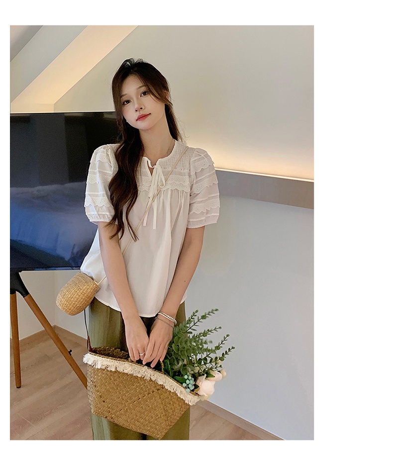 64318 Phong Cách Mới Áo Ngắn Tay Phối Ren